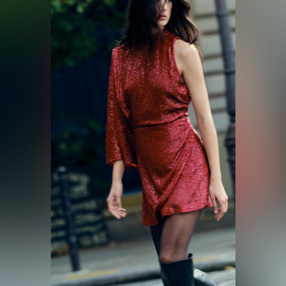 BNWT Zara Shimmering Red One-Shoulder Dress
